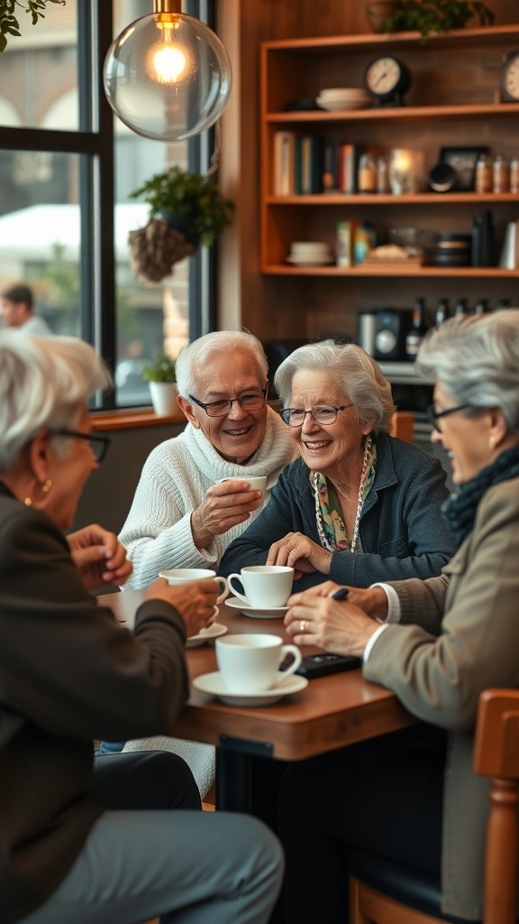 A group of older adults sitting at a table in a cozy cafe, enjoying coffee and sharing smiles.
