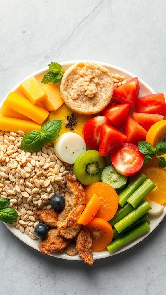A colorful plate of balanced nutrition featuring fruits, vegetables, and grains.