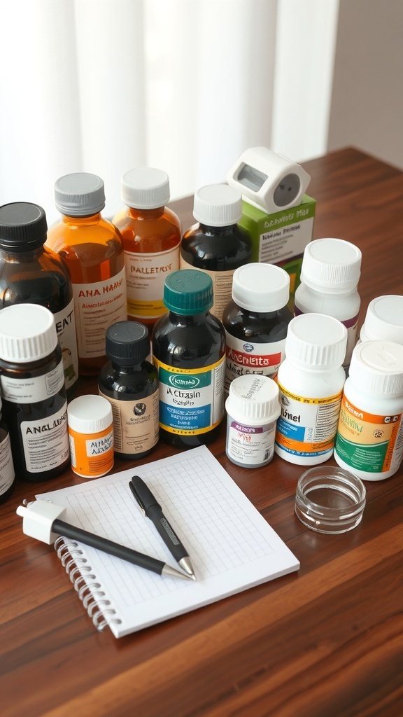 A variety of diabetes medication bottles alongside a notepad and pen.