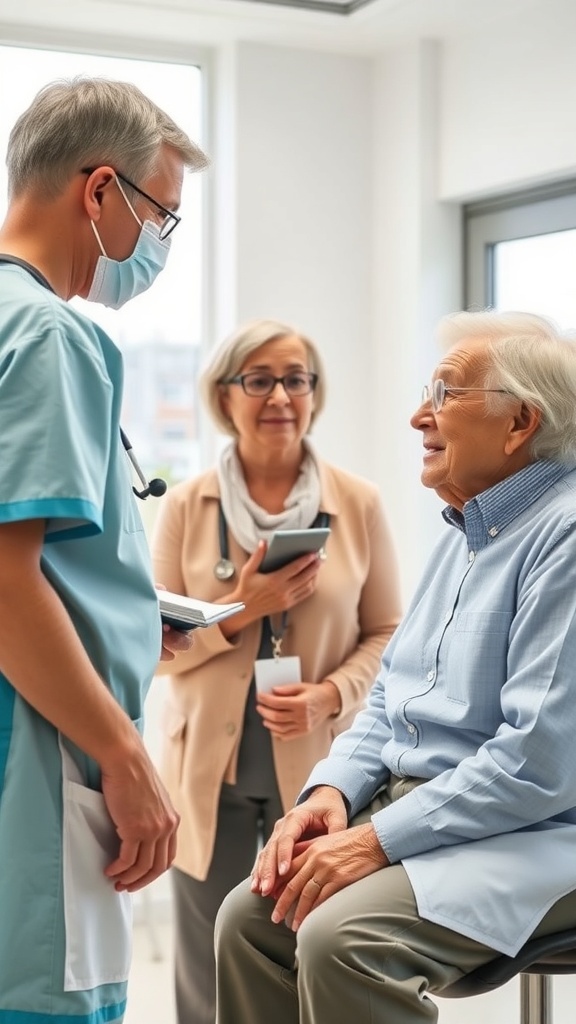 A doctor discussing health information with an older male patient in a medical office.