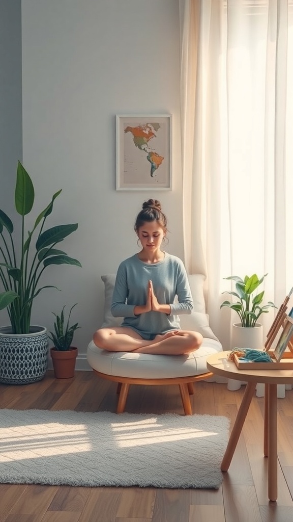 A person meditating in a bright room with plants and a cozy chair.