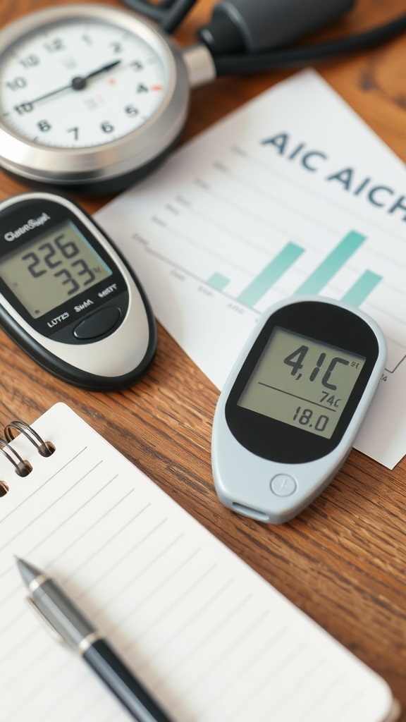 Image showing a blood glucose meter, blood pressure monitor, A1C chart, and a notebook with a pen.