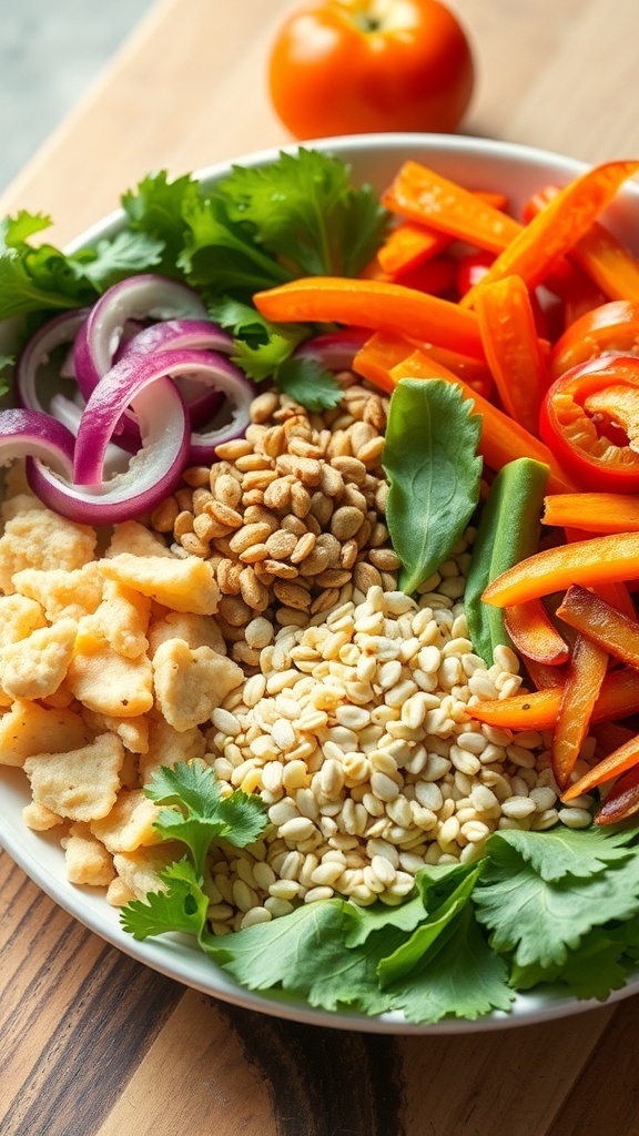 A colorful bowl filled with fresh vegetables, nuts, and grains, showcasing healthy eating options for diabetics.