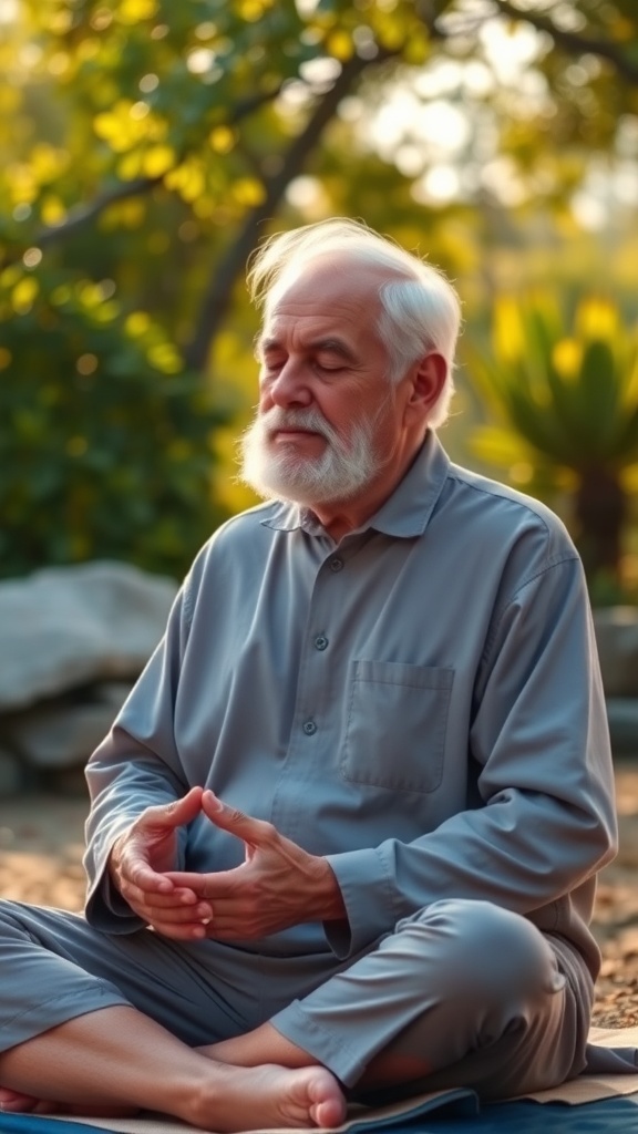 An older man meditating in a serene outdoor setting surrounded by trees.