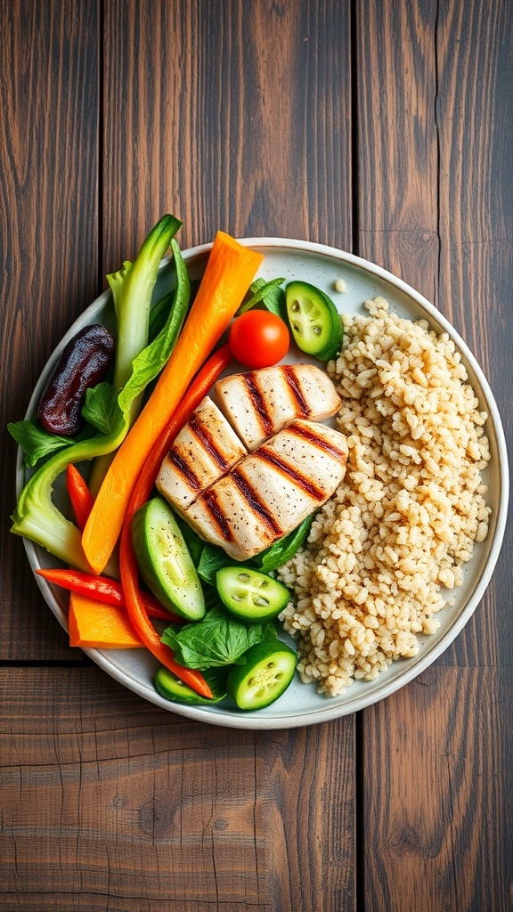 A balanced meal with grilled chicken, fresh vegetables, and whole grains on a plate.