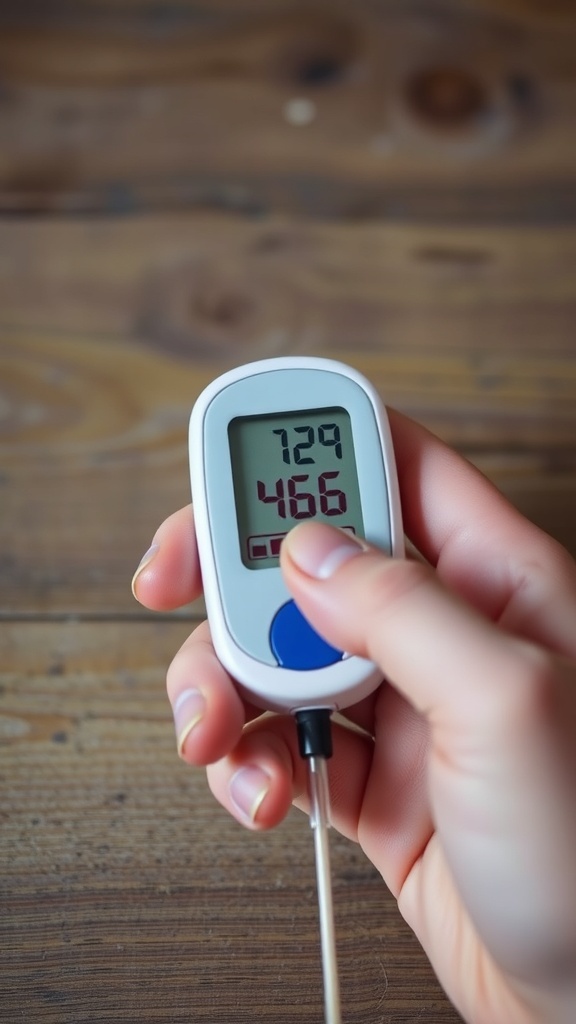 A hand holding a blood glucose meter displaying high blood sugar readings.