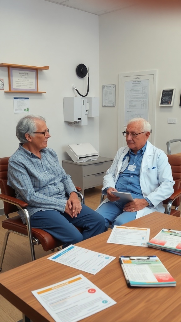 A doctor and a patient discussing health in a consultation room.