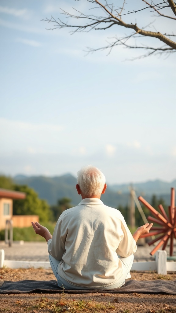 An older man meditating outdoors, promoting relaxation and stress management.