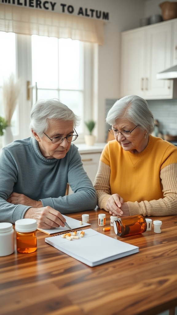 Two seniors reviewing their medications at a kitchen table.