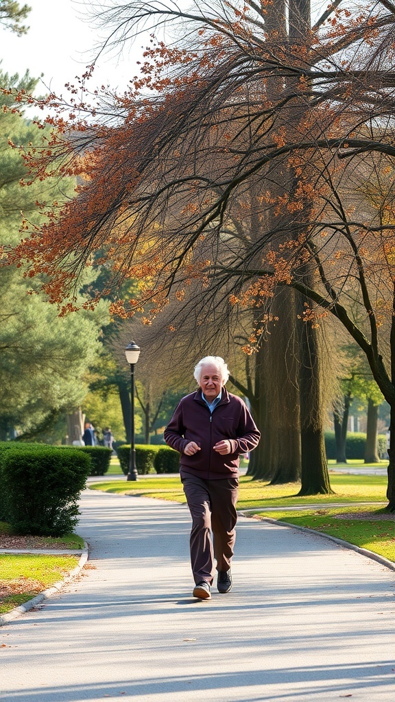 An older man jogging in a park surrounded by trees.