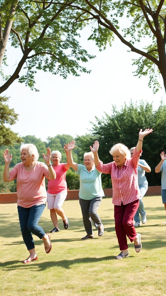A group of older adults exercising outdoors, smiling and enjoying their activity.
